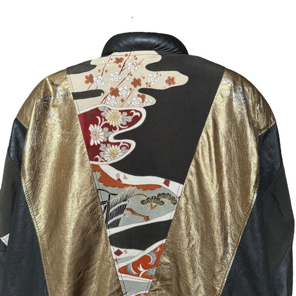 Vintage Opulent Gold Black Leather Oriental Patchwork Open Front Coat Size XXL - Picture 10 of 15